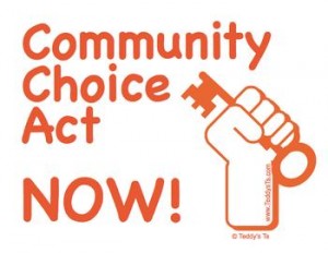 This is a white 50/50 heavyweight blend shirt with orange lettering saying: Community Choice Act Now! and the illustration of a hand holding an old fashioned house key.  Teddy silkscreened these himself and every last one came out perfect!