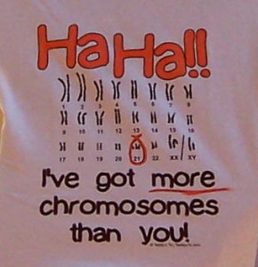 Unisex beige adult & kids shirts and infant  pale yellow shirts. There is a chromosome map printed in brown ink and written is: "HaHa, I have more chromosomes than you" in brown and orange ink. Professionally silkscreened in brown and lettering handpainted by Teddy in orange.
