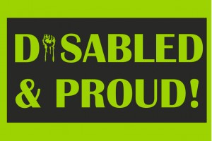 Lime green tshirt with black border around words Disabled and Proud! The I is represented by an arm with its hand in a fist.
