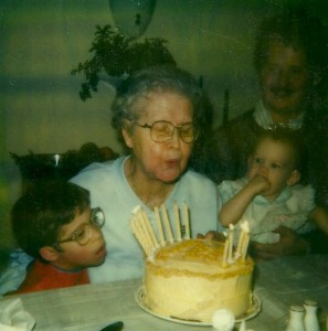 Great Grandma blowing out her birthday candles