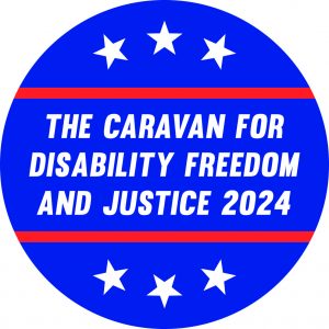 2024 Caravan for Freedom and Justice between 2 red bars on a circular blue background